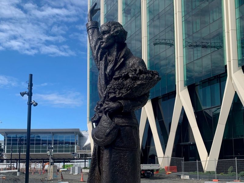 Batten statue returns to airport’s revamped outdoor plaza